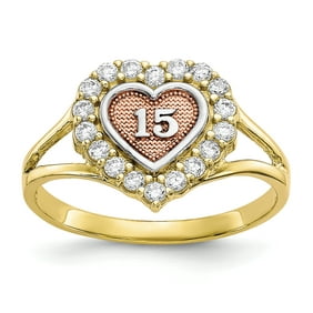 7.5 Jewel Tie Solid 14k Two Toned Gold Cubic Zirconia CZ 15 Years Birthday Heart Ring Size 
